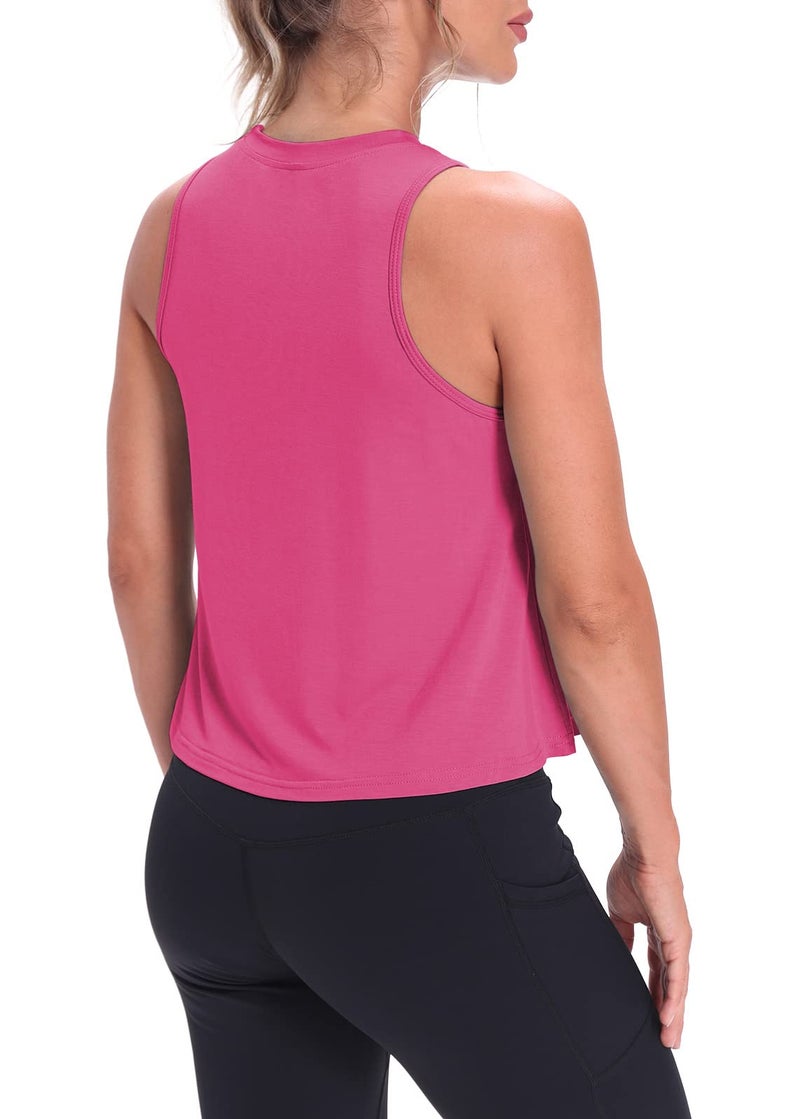 Mippo Workout Tops for Women High Neck Tank Cropped Workout Top Womens Muscle Tank Athletic T Shirts Crop Tees Fuchsia S - Image 3